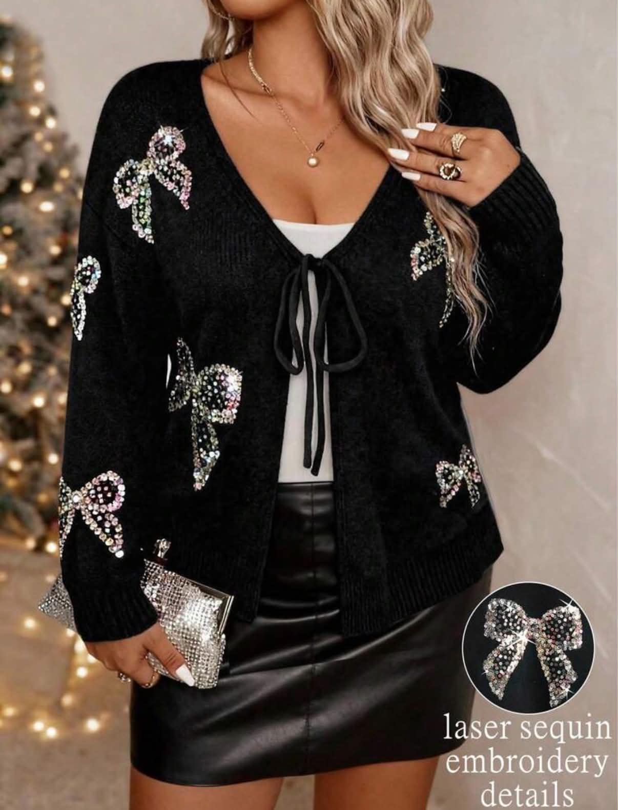 Women Solid Color Knitted V-Neck Bow Beaded Embroidered Lace-Up Long Sleeve Casual Cardigan,