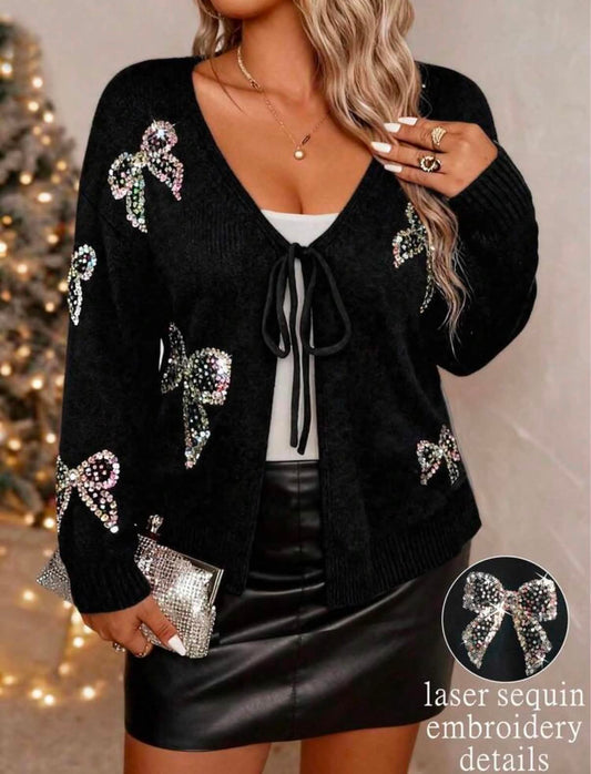 Women Solid Color Knitted V-Neck Bow Beaded Embroidered Lace-Up Long Sleeve Casual Cardigan,