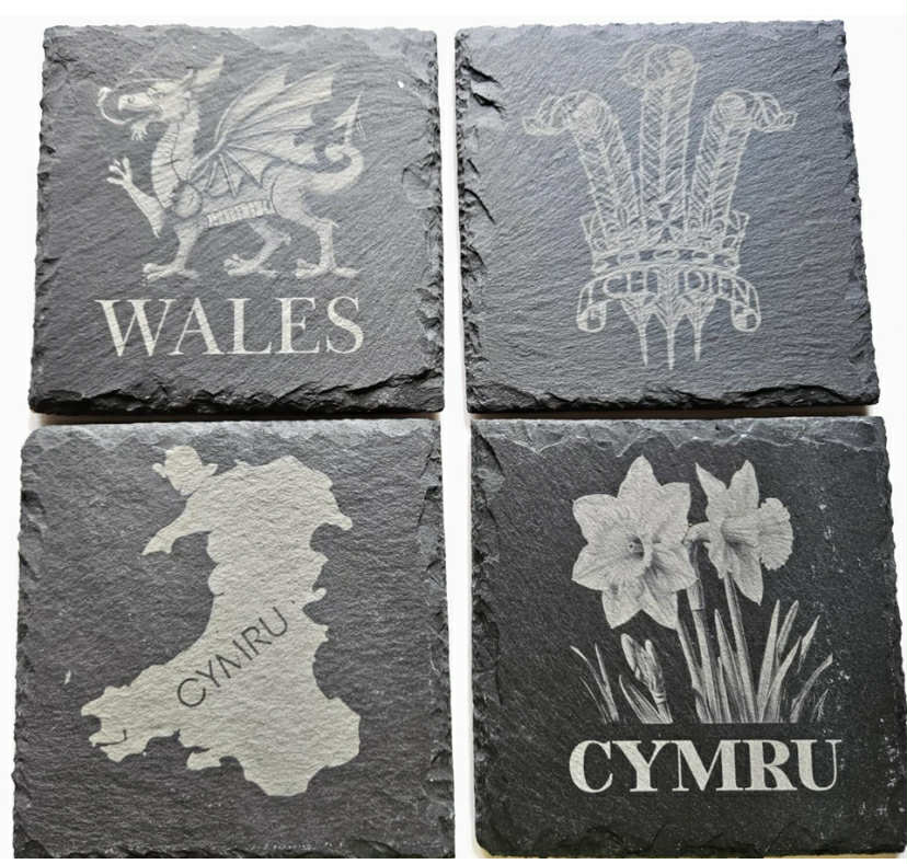 Set Of 4 Wales, Welsh Slate Coasters, National, Cymru, Dragon