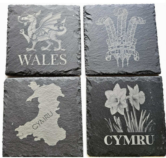Set Of 4 Wales, Welsh Slate Coasters, National, Cymru, Dragon