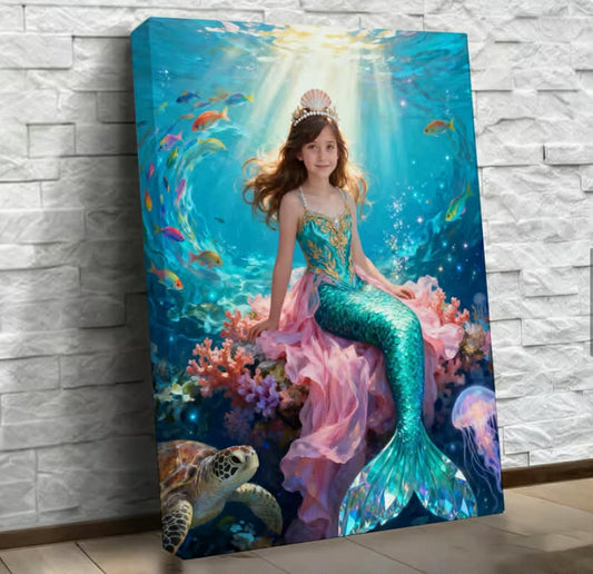 2 D Flat, A Custom Mermaid Princess Portrait Canvas Poster with a Frame for Wall Art. A Personalized Portrait for Your Daughter, a Gift for Her, a Digital Poster