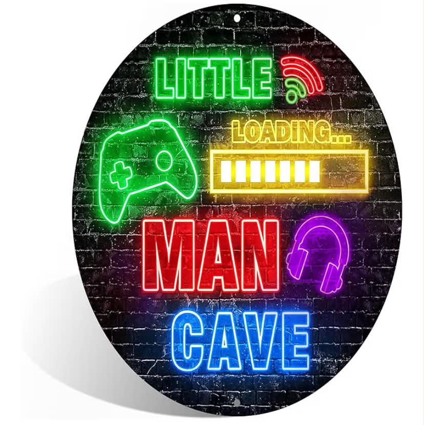 Little Man Cave Metal Neon-Style Fun Aluminum Sign Wall Decor for Bedroom, Apartment, Gaming Room, Esports Club, Living Room - 8x8