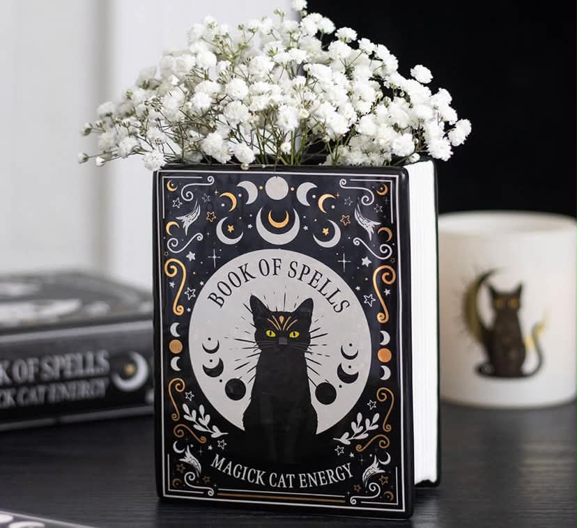 BLACK CAT MAGICK BOOK SHAPED FLOWER VASE