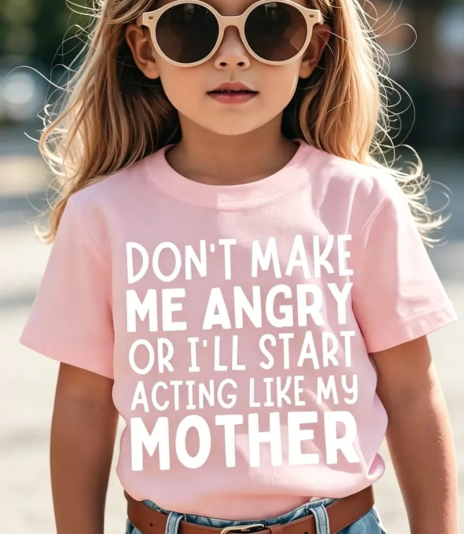 Girls' Funny "Don't Make Me Act Like My Mom" T-Shirt - Soft Breathable Knit Short Sleeve Crewneck Top with Humorous Warning Design,