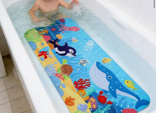 Whale Ocean Themed Bath Pad 40X16 Inches, Non Slip Bathtub Pad with Over 200 Suction Cups And Drainage Holes, Durable Shower Pad Designed for Children with Jellyfish/Diver, Machine Washable PVC Bathroom Safety Pad