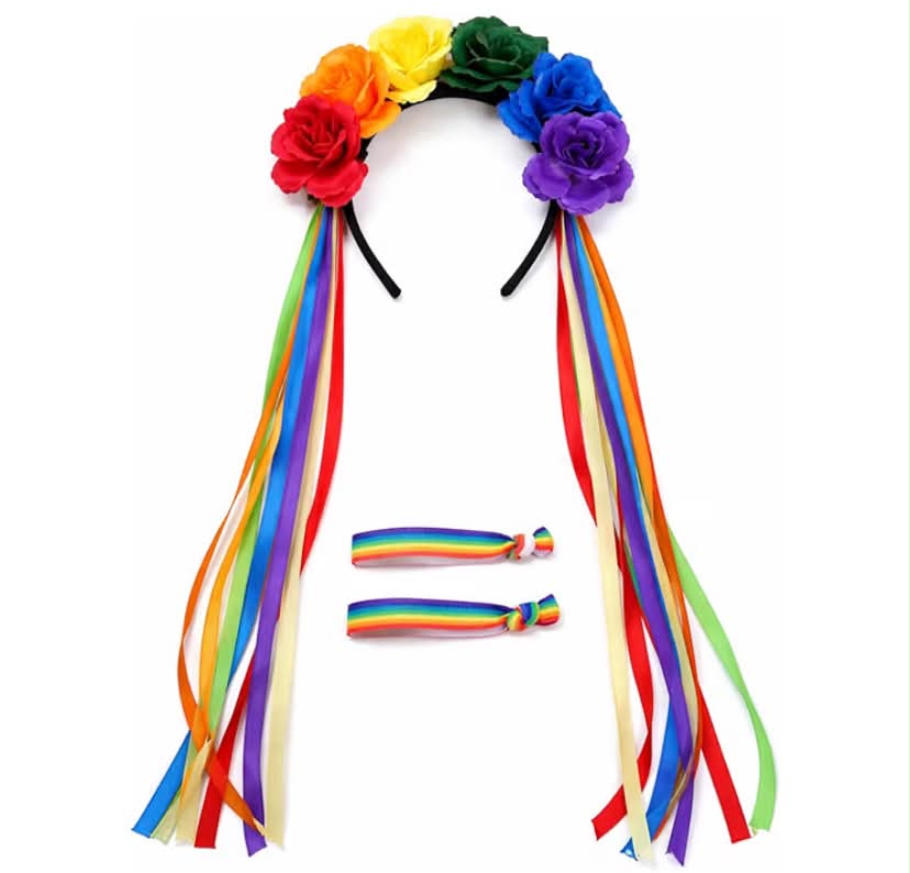 Rainbow Flower Headband with Ribbons & 2 Wristbands – Pride Month Accessories Set for LGBTQ Parade, Pride Festival, Rainbow Costume Party, Gay Headpiece for Women Men