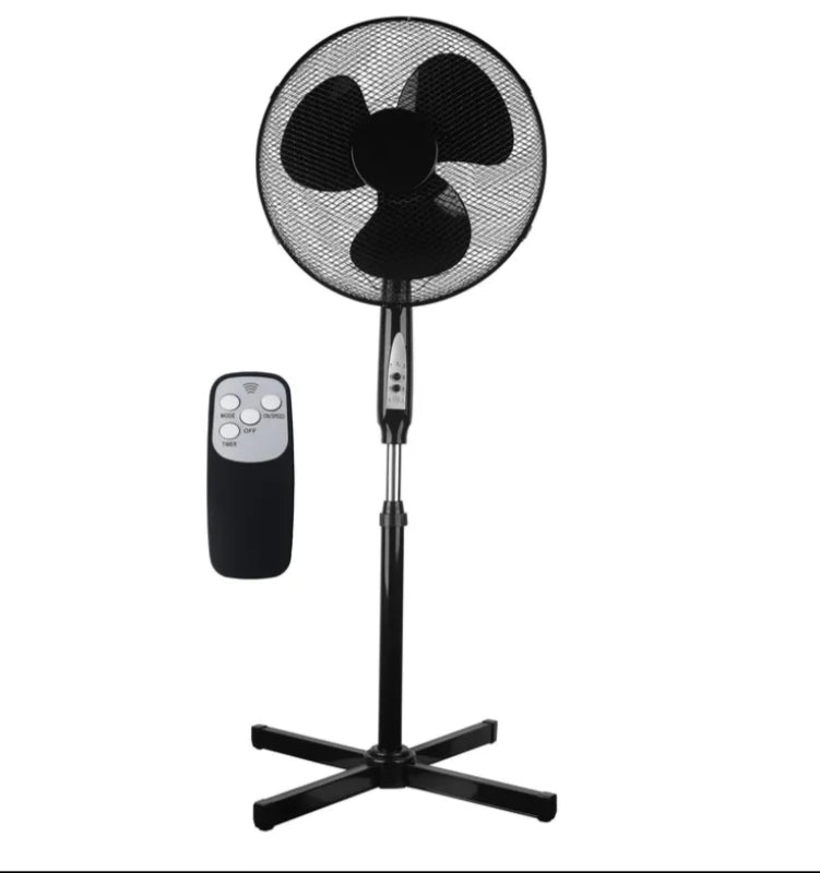16 Inch Pedestal Fan Oscillating Quiet Operation Adjustable Height Remote Control 3 Speeds 3 Modes Black