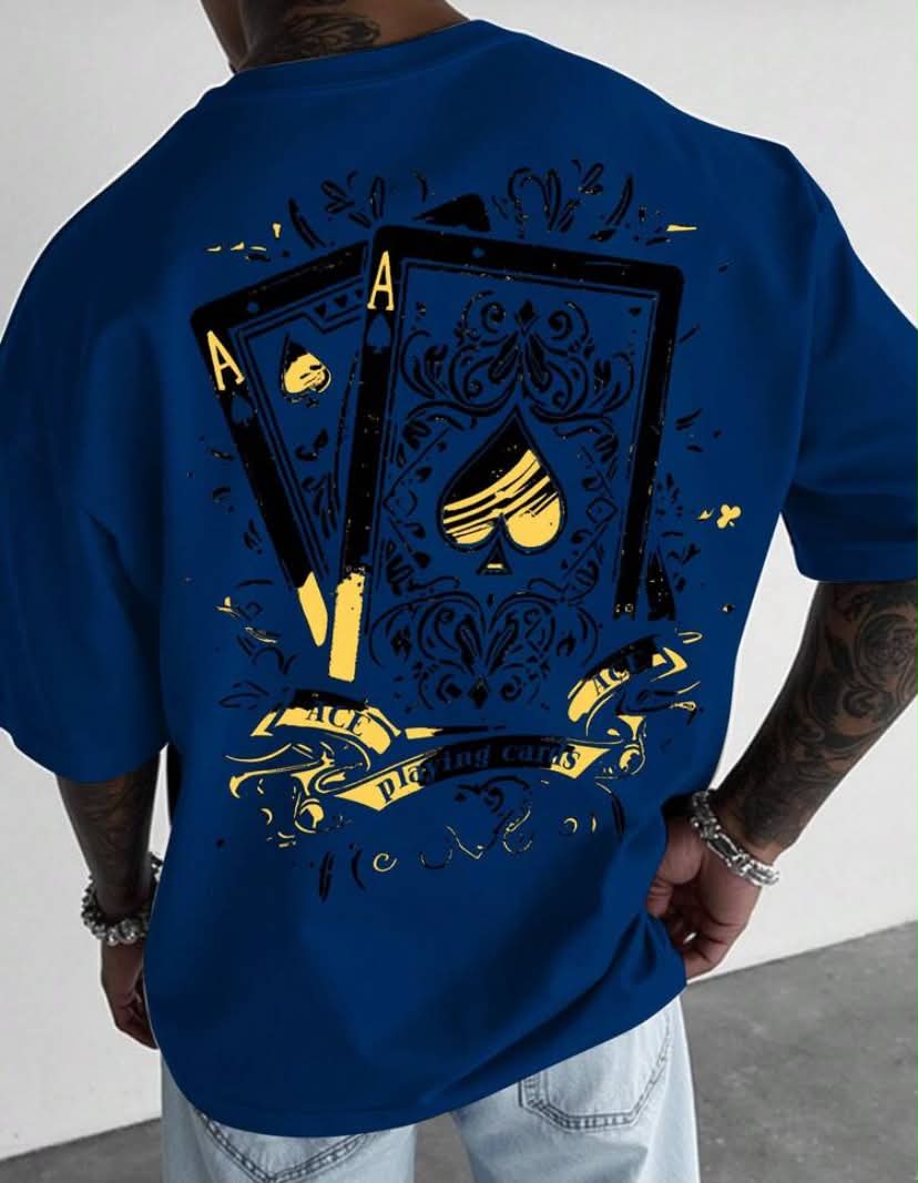 Men's Poker Print Round Neck Loose Casual Short Sleeve T-Shirt