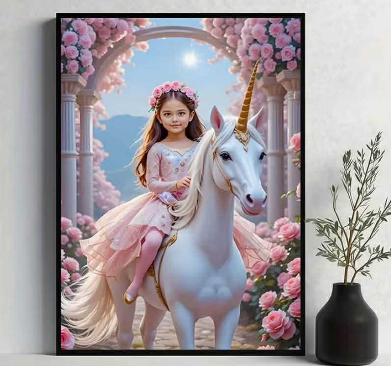 Fairy Tale Princess Unicorn Poster - Add Your Own Photo, Unicorn with Pink Roses and Golden Horn, Frameless Canvas Art