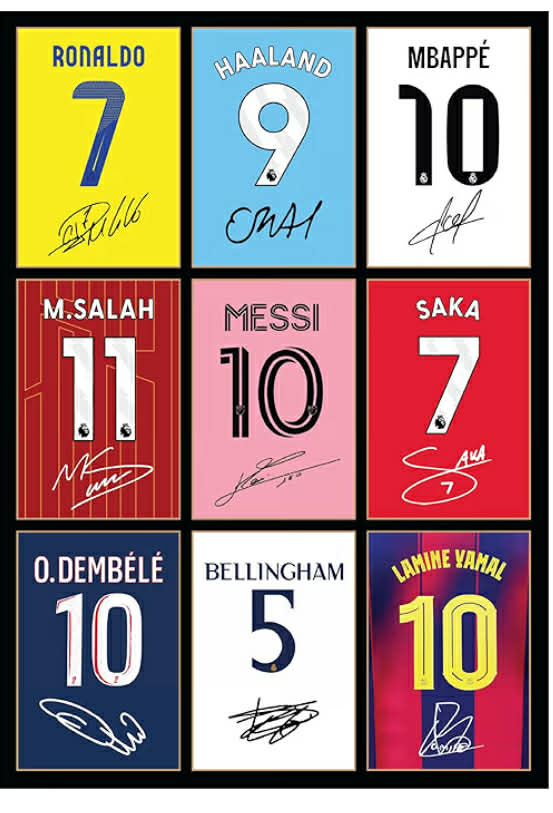 Icons Wall Art Bellingham Messi Ronaldo Mbappe Lamine Yamal Salah Dembele Saka Haaland Signed A4 Printed Photo Picture Display Gift For Football Fans Digitally Reproduced Signatures Unframed