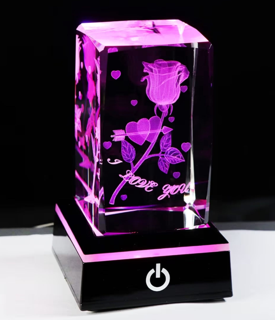 Crystal Engraved 3D Rose with I Love You Keepsake with Led Light Base,