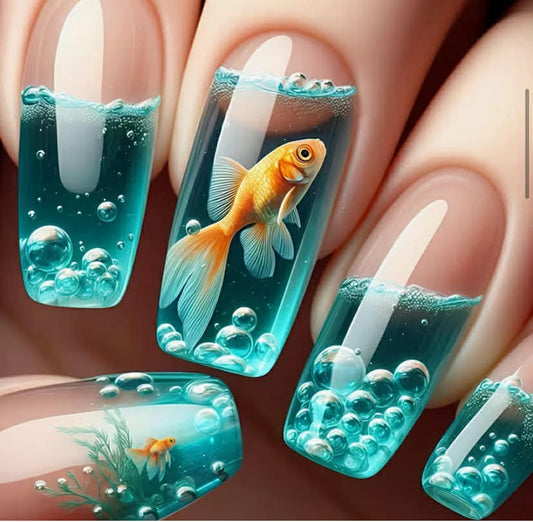 24 pcs Ocean-Themed Nail Art Stickers - Glittering Fish, Seashells, Coral, Bubbles Design for Long, Square Nails - Perfect for Beach