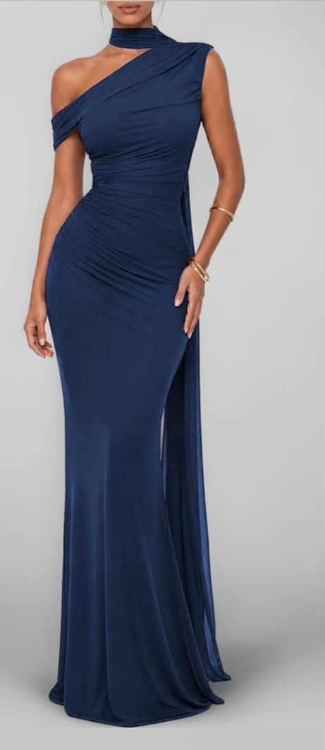 Women's One Shoulder Mesh Ribbon Ruched Formal Maxi Dress