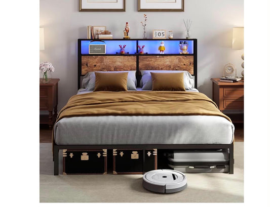 King Size Bed Frame with Headboard, 150x200cm Metal Platform Bed Frame with LED Lights, Under Bed Storage, Heavy Duty, No Box Spring Needed, Noise Free, Easy Assembly (No Charging Socket)