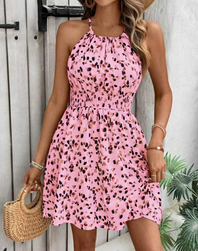 Full Print Vacation Casual Cinched Waist Halter Neck Dress