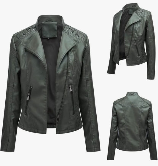 Leather Jacket for Women Women'S Stylish Leather Jacket Zip Up Moto Biker Classic Short Lapel Neck Coat Casual Short Solid Color PU Biker Coat with Pockets