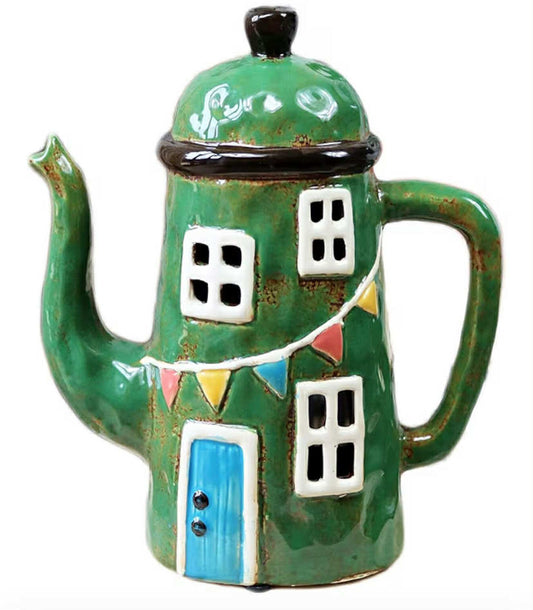 Teapot House Candle Holder 20cm Green Ceramic Hand Painted Tea Light Lantern Large