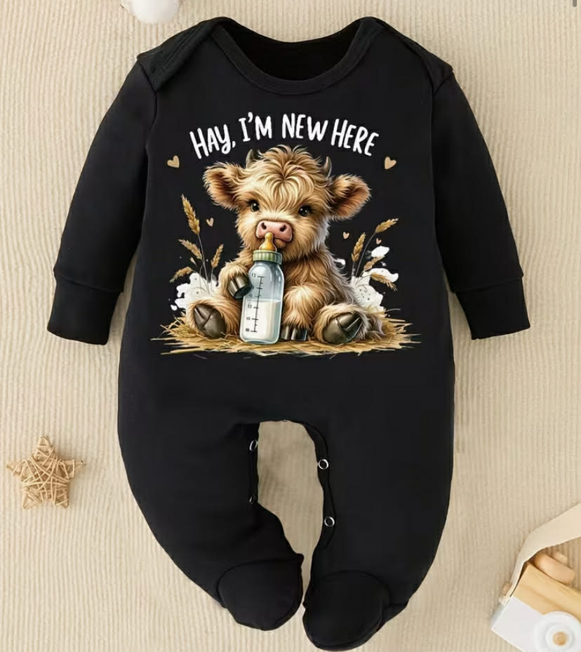 Hay I'M New Here Cartoon Pattern Print New Baby Footed Romper Four Seasons Baby Footed Climbing Suit Onesie Pregnancy Gift, for Outdoor
