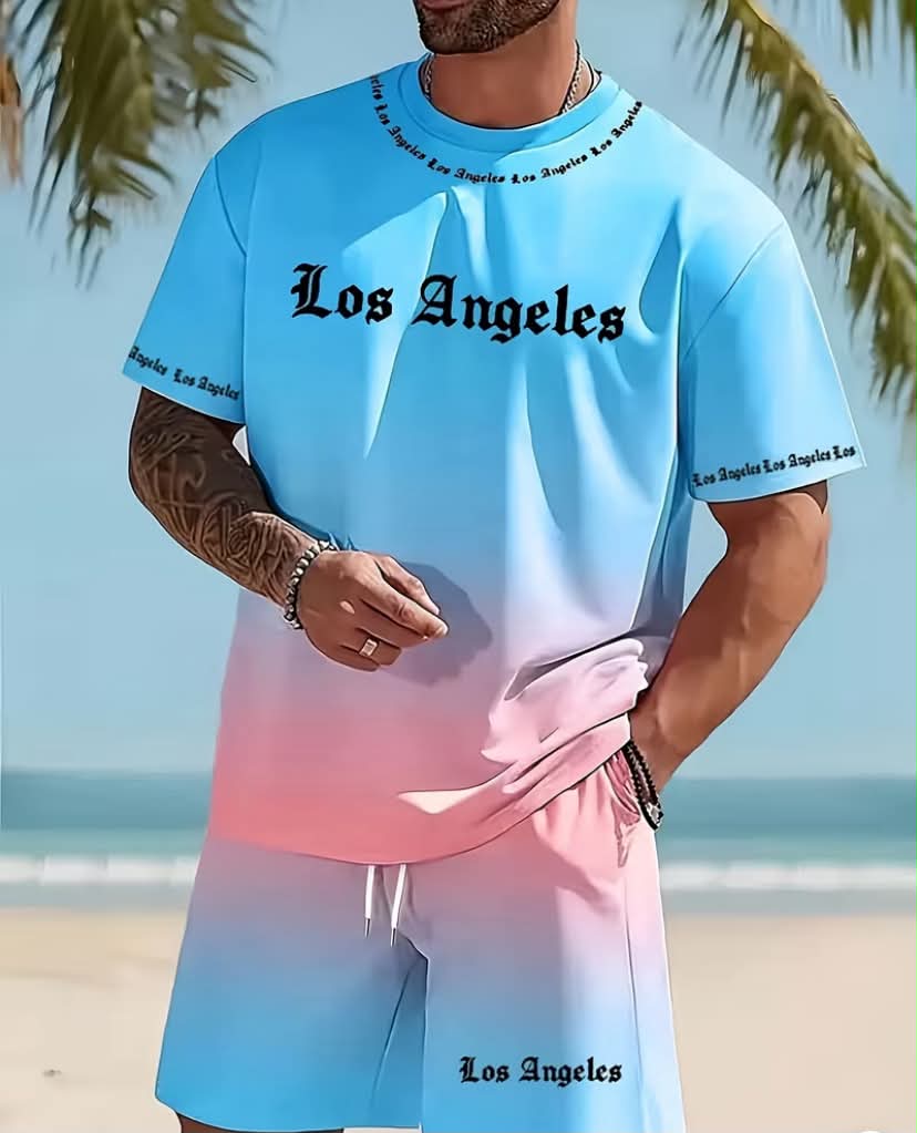 2 pcs, T-Shirt + Shorts, Los Angeles Print Gradient Casual Suit