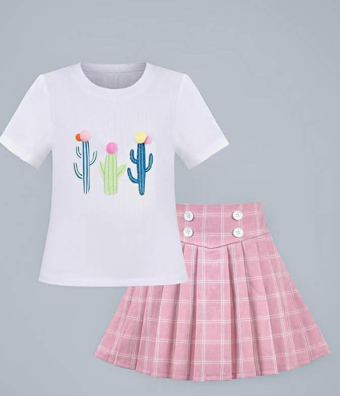 Girls 2 Piece Set Skirt T-Shirt Crop Rib-Knit Plaid Casual School