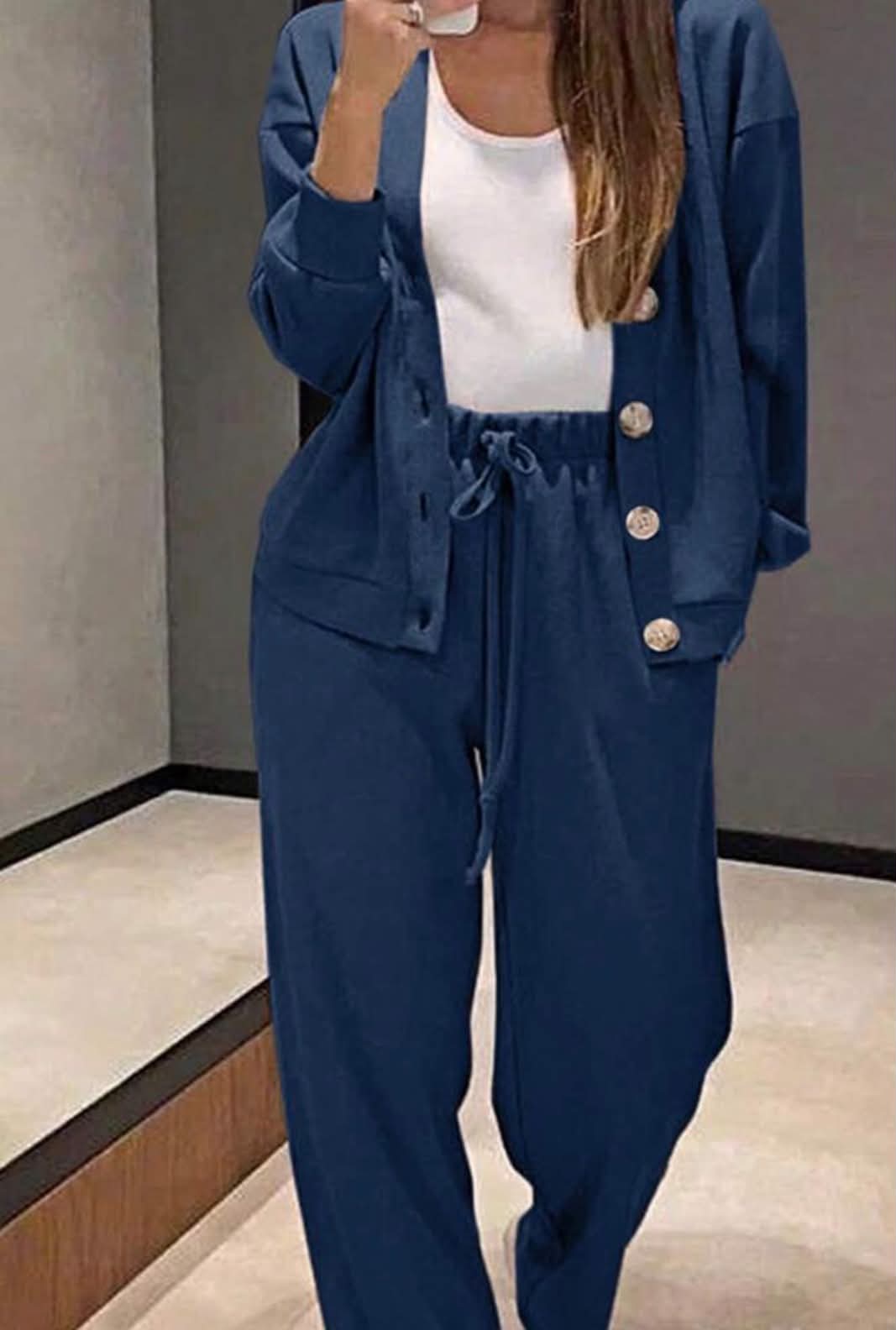 2pcs Women Casual Knit Cardigan Jacket And Drawstring Pants Set Spring Elegant