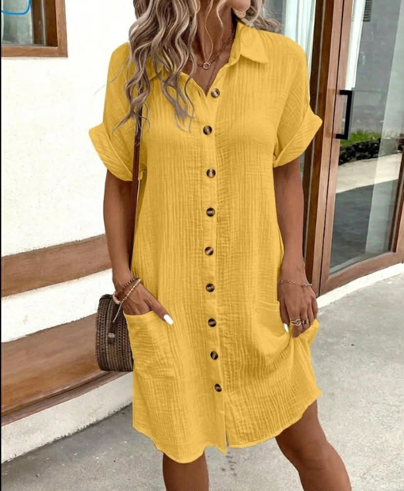 Linen Cotton Short Sleeve Shirt Dress Button Casual Dresses