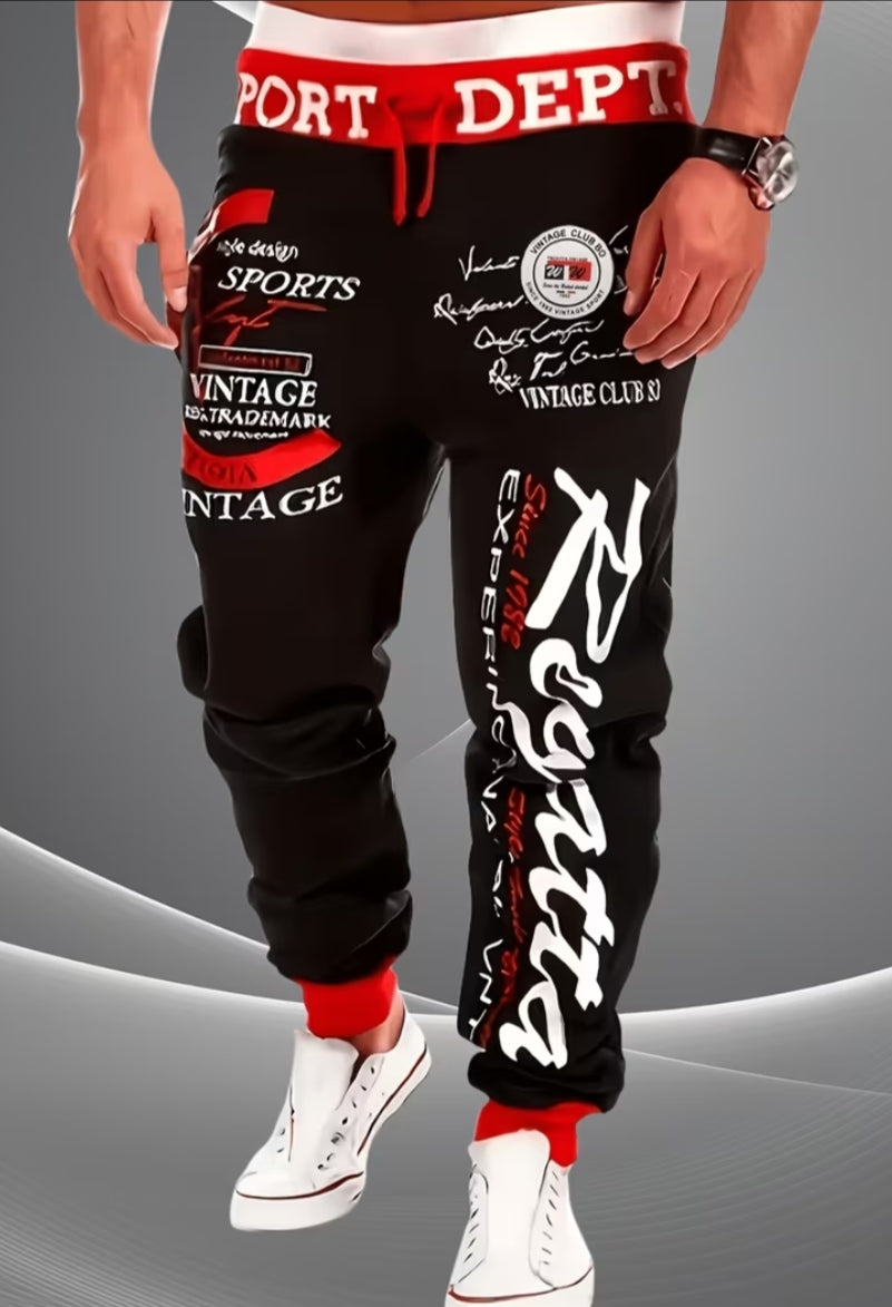 Men'S C-Print Long Trousers, Casual Athletic Print Drawstring Adjustable Waistband, Practical Long Pants,