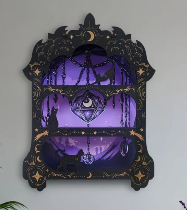 Bohemian Magic Cat & Starry Sky Wall Shelf with Crystal Display - Painted Floating Shelf Suitable for Home
