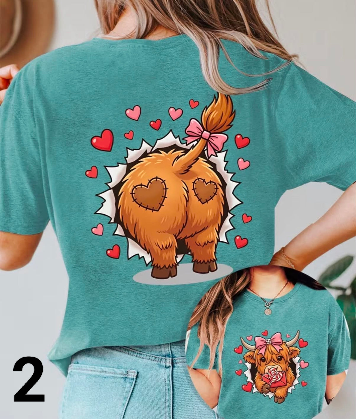 Distressed Highland Cow Print Double-Sided Round Neck Short Sleeve T-Shirt, Athletic Casual Lightweight Comfortable Soft Fashionable,