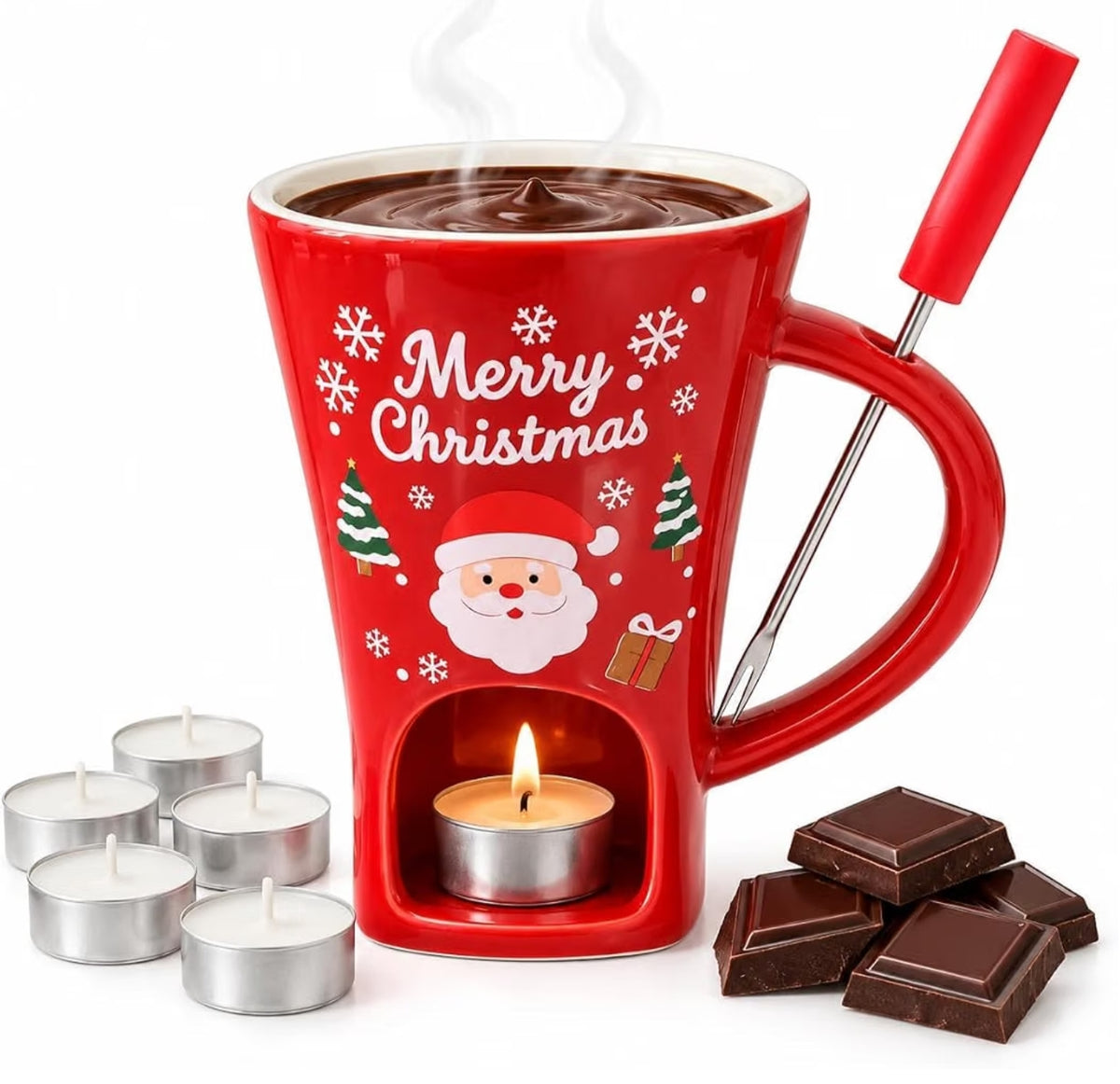 Chocolate Fondue Mug, Christmas Chocolate Melting Cup with Forks & 6 Candles, Air Circulation Personal Cheese & Butter Melting Cup with Tea Light