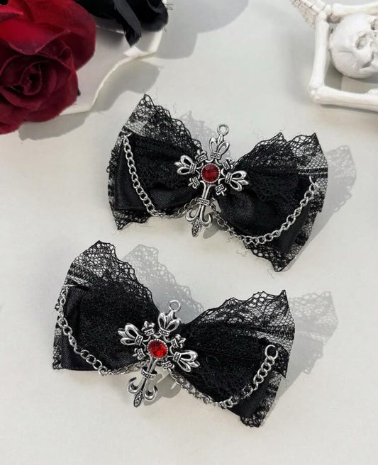 2pcs Gothic Style Lace Ribbon, Dark-Colored Dragon Chain Hair Clips,
