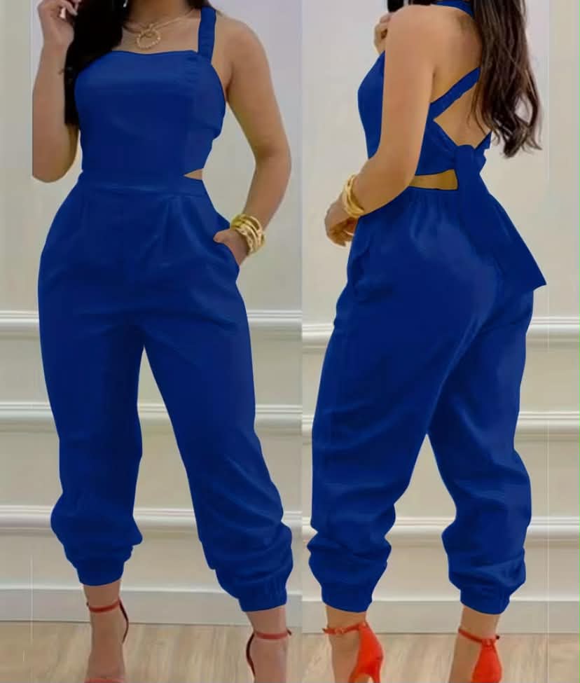 Elegant Backless Cross Strape Cuffed Sleeveless Jumpsuit for Women Summer Solid Color, Square Neck, Fashionable and Versatile