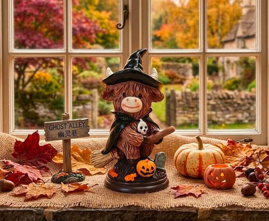 Halloween Highland Cow Statue - Mini Resin Witch And Wizard Cow Figurine, Suitable For Spooky Autumn Home Decor, 4.1 Inch Collectible Ornament