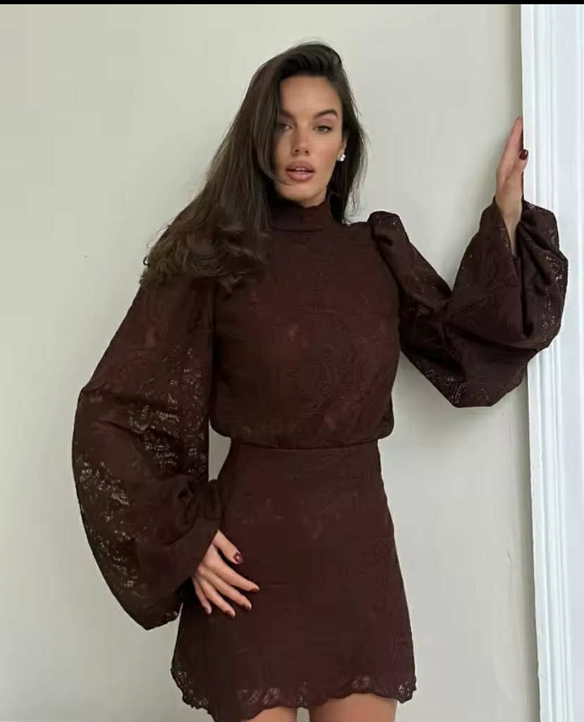Solid Lace Hollow Out Mini Skirt Set Women