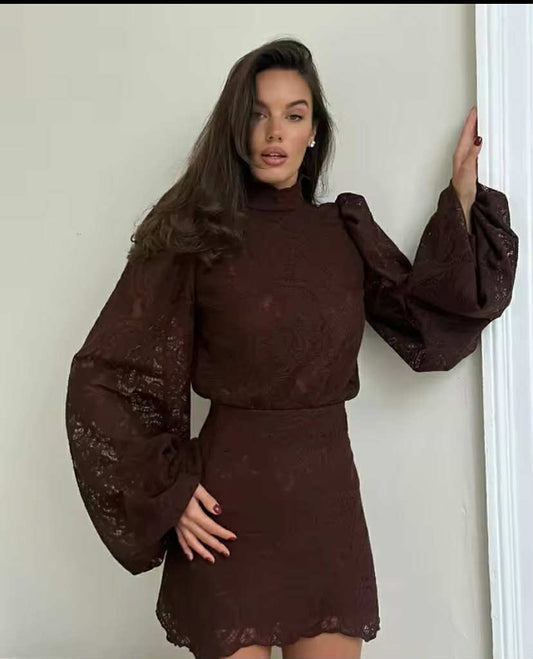 Solid Lace Hollow Out Mini Skirt Set Women