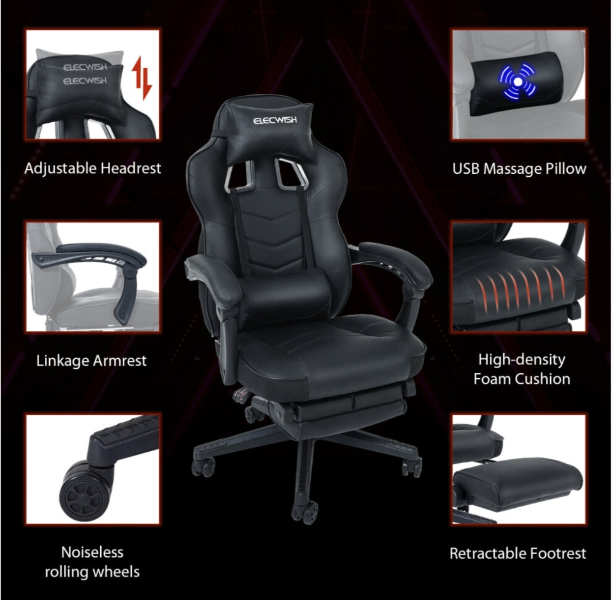 Massage Gaming Chair Swivel Computer Desk Seat Office Recliner Black