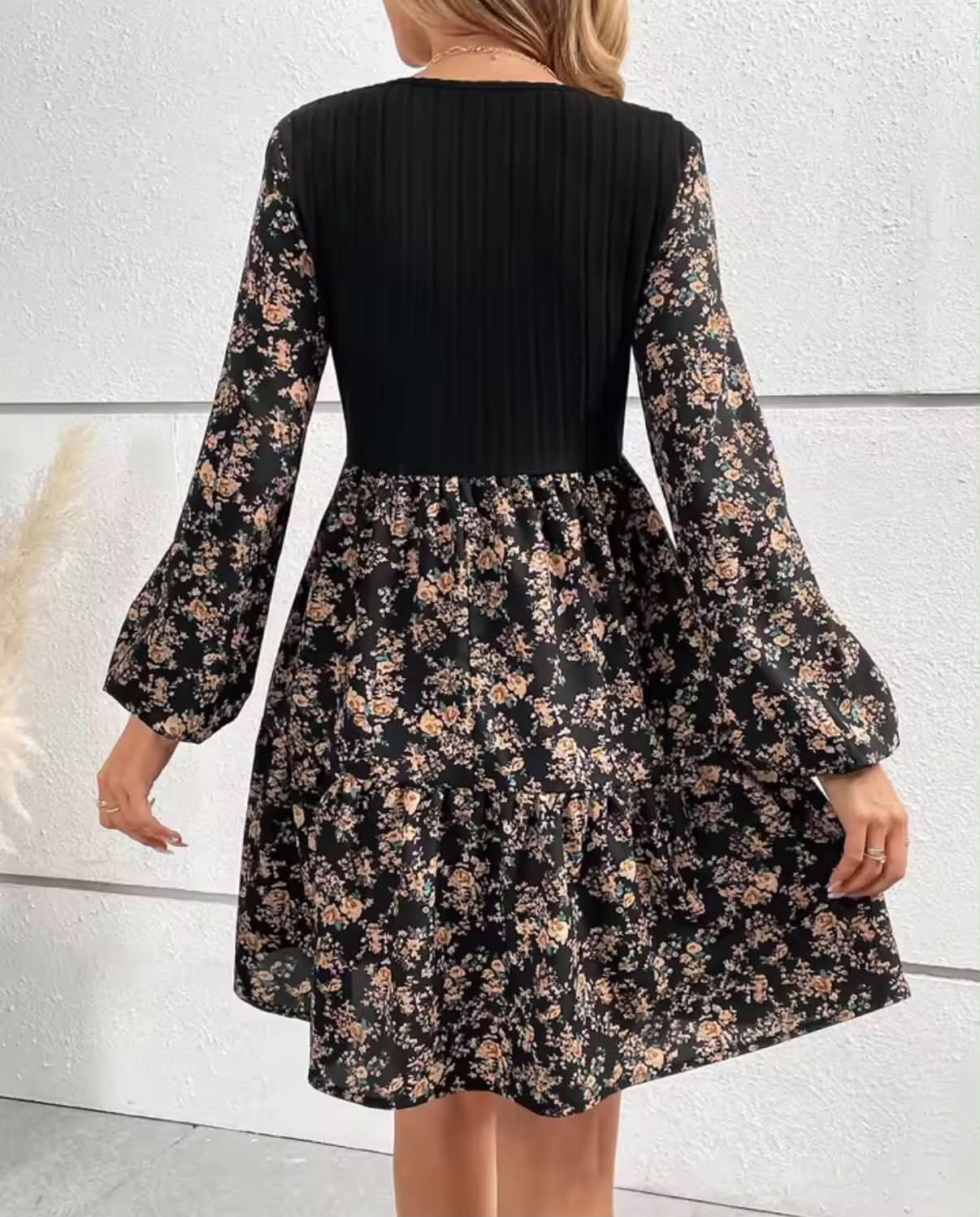 Women's Ditsy Floral Print Patchwork Ribbed A Line Dress