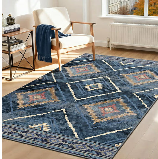 Machine Washable Rugs Living Room, 90x150 cm Kitchen Rugs Non Slip, Soft Short Pile Vintage Blue Rugs for Bedroom, Moroccan Rug for Hallway, Bedroom, and Kitchen, Blue

90x150