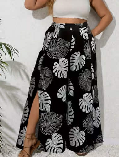 Plus Size Tropical Plant Print Women's Slit Wide Leg Pants