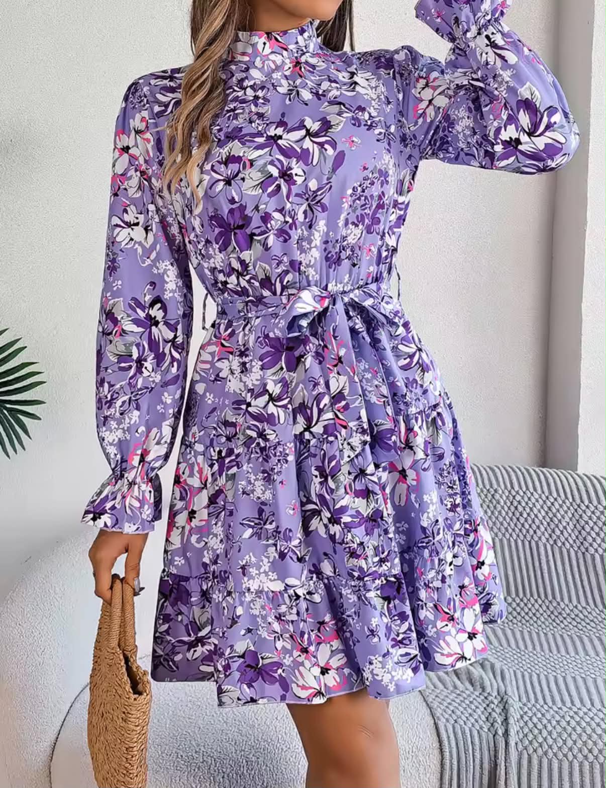 Elegant Mock Neck Belted Ruffle Hem