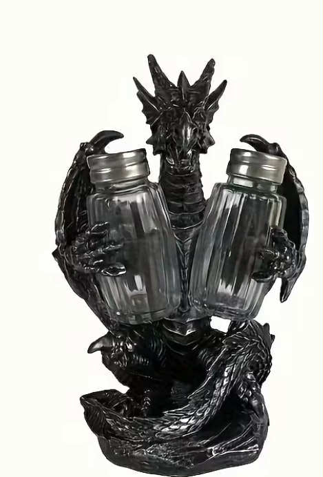 1 pc of Resin vintage Silver Medieval Dragon Statue Salt And Pepper Shaker Holder, Dragon Sculpture Spice Rack Home Decor Ornament "Non-Food Contact"