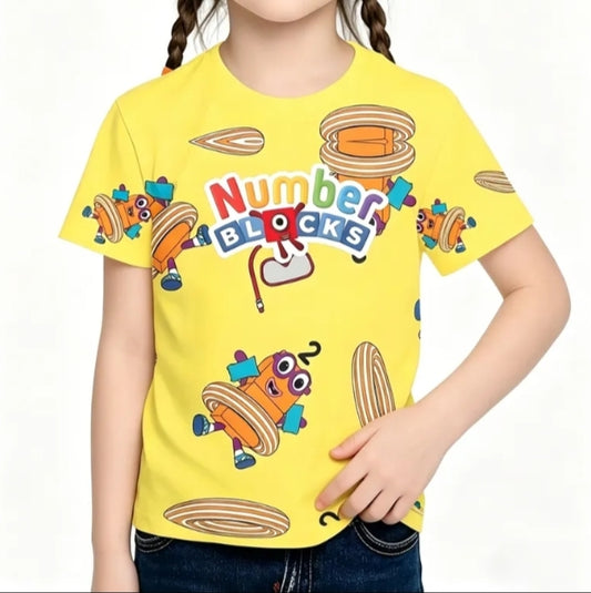 "Number Blocks" Design, Yellow with Colorful Block Patterns, Round Neck,