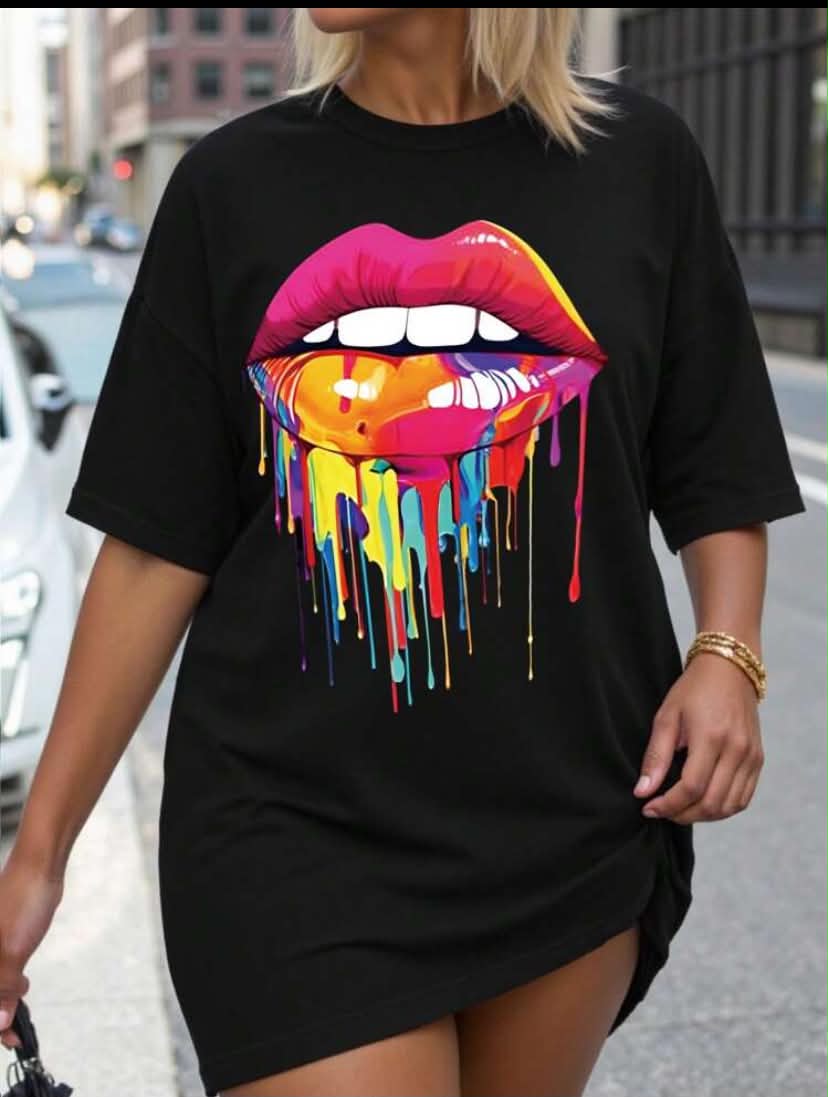 Plus Size Women's Loose Lips Print Round Neck Drop Shoulder Casual T-Shirt, Summer