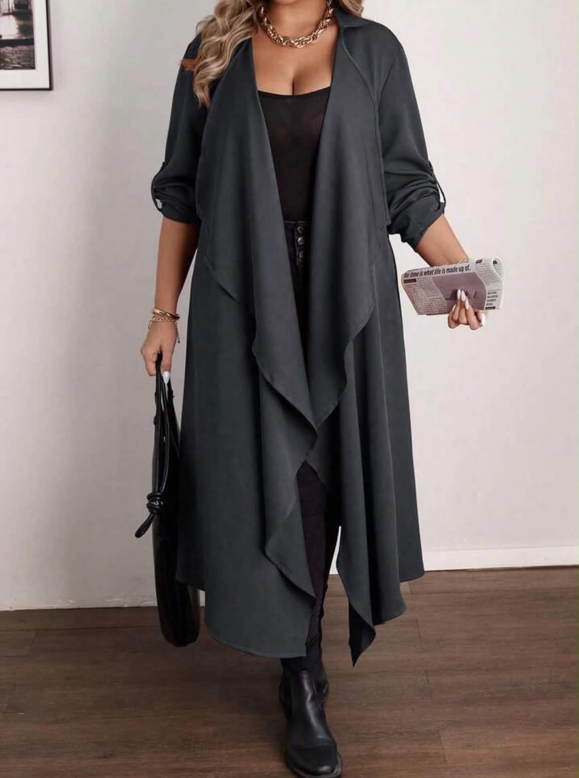 Women Plus Size  Long Jacket Elegant Office Evening Formal Hiking Casual Waterfall Collar Draped Cardigan Autumn Asymmetrical Hem