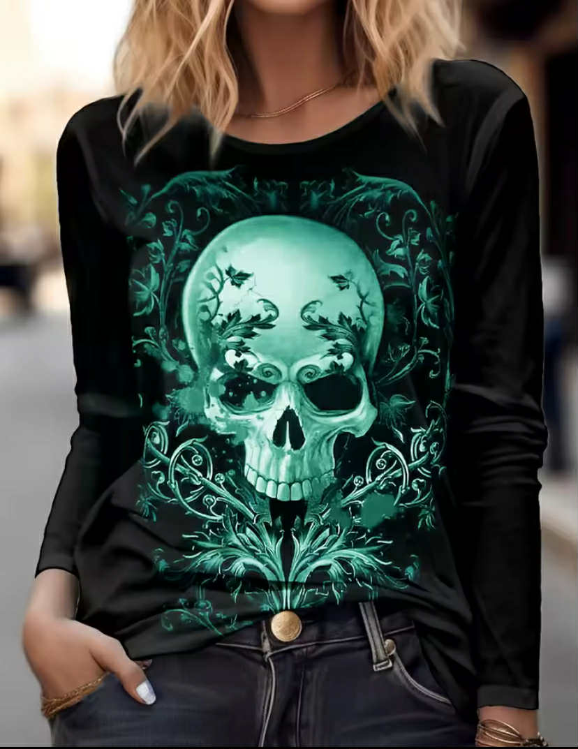 Women's Long Sleeve Horror Undead Skull Pattern T Shirt