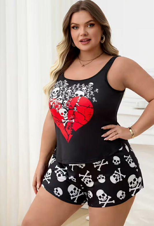 Skull Print Top And Shorts Set for Casual Wear