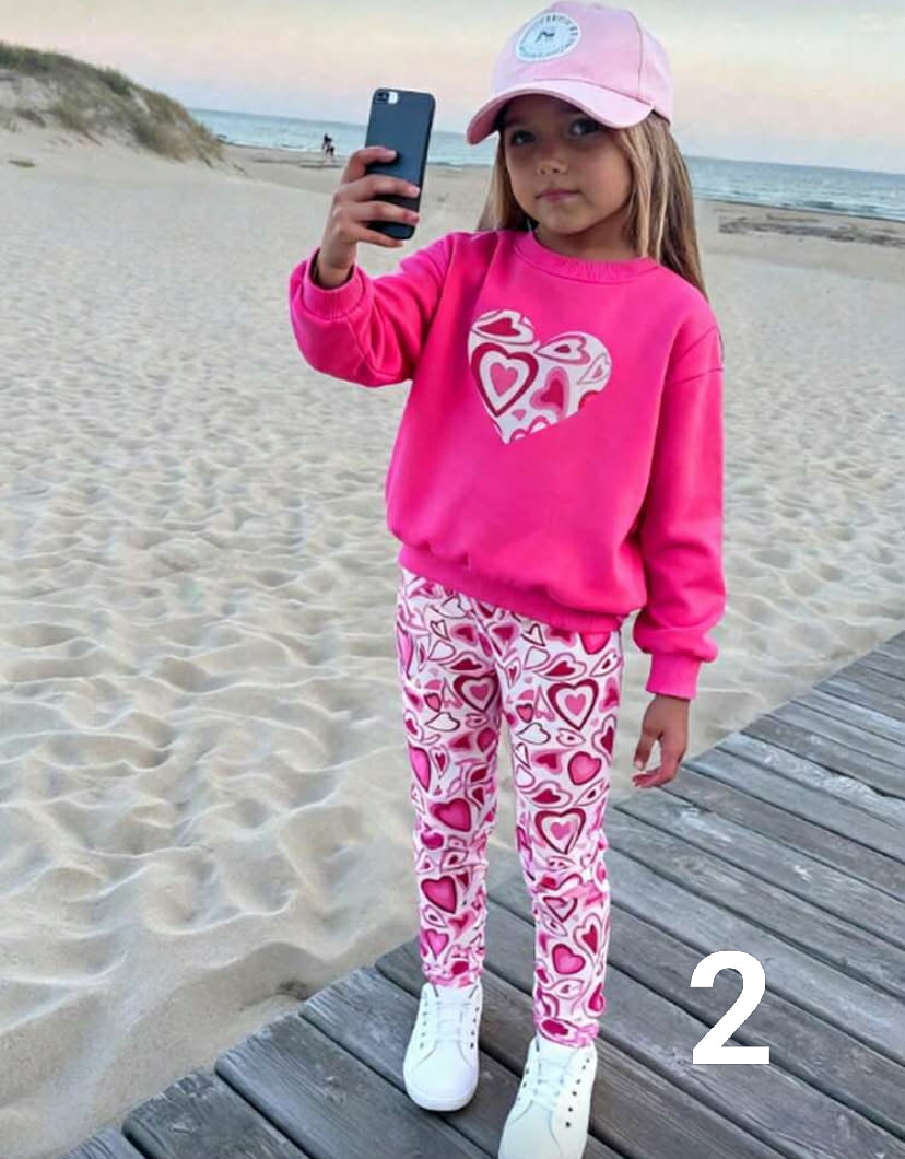 Sparklyn 2pcs/Set Girls Casual Heart Print Long Sleeve Top And Pink Pants Outfit