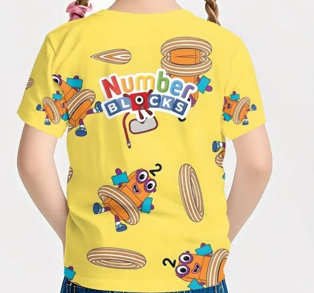 "Number Blocks" Design, Yellow with Colorful Block Patterns, Round Neck,