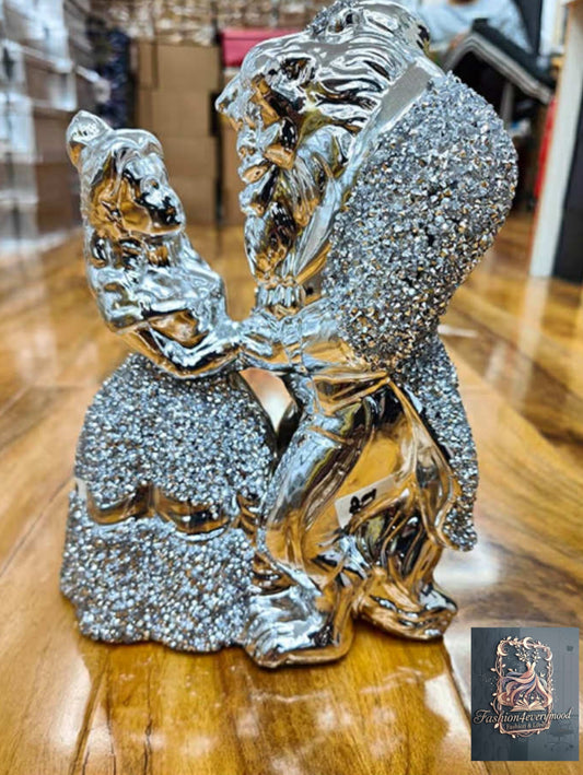 Beautiful Crushed Diamond Large Beauty And The Beast Silver Ceramic Ornament