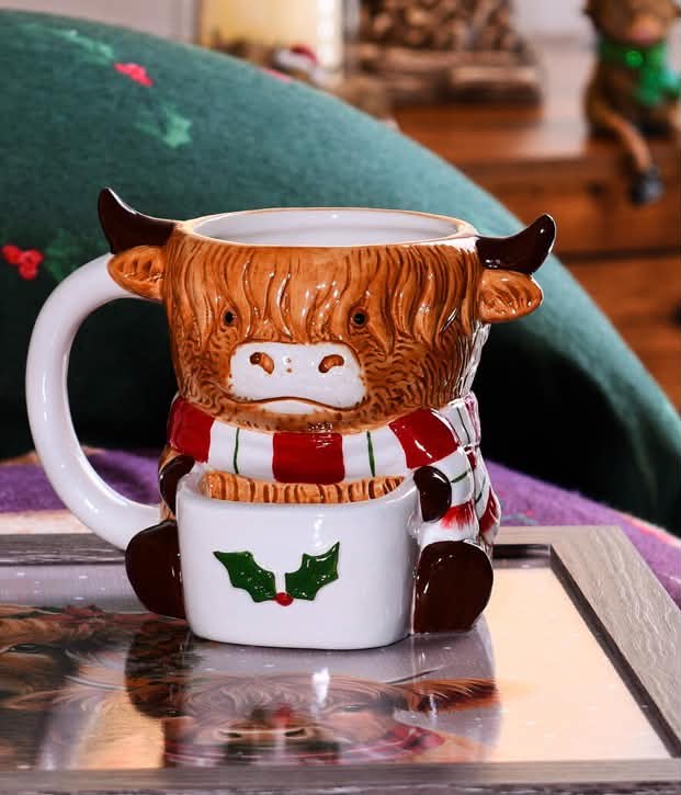 Festive Hand Painted Highland Cow Mug - Brown